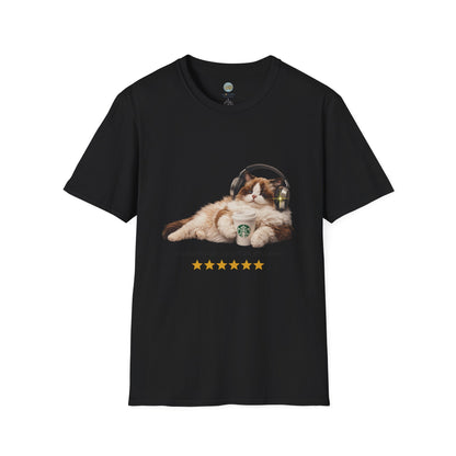 Cat Coffee Review T-Shirt — Relaxed Cat with Headphones & 5-Star Latte Tee | Gildan Softstyle 64000 Premium Tee