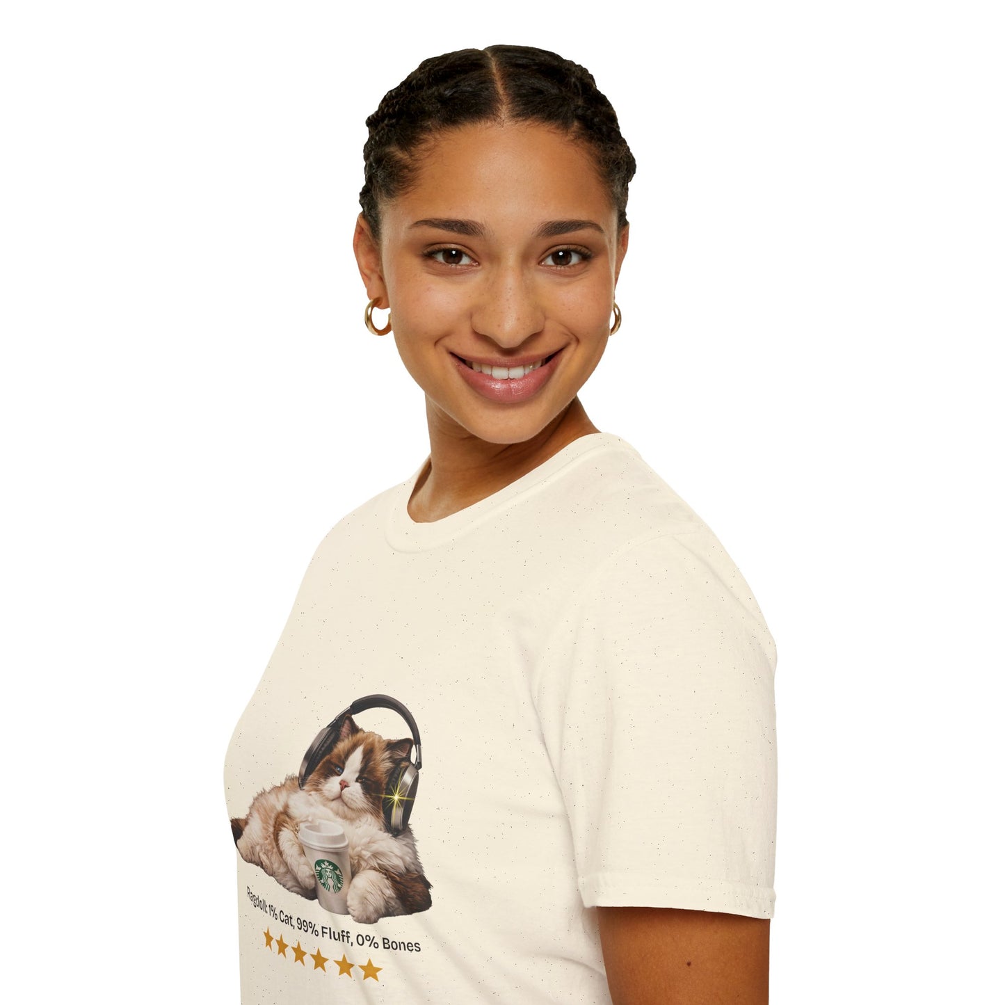 Cat Coffee Review T-Shirt — Relaxed Cat with Headphones & 5-Star Latte Tee | Gildan Softstyle 64000 Premium Tee
