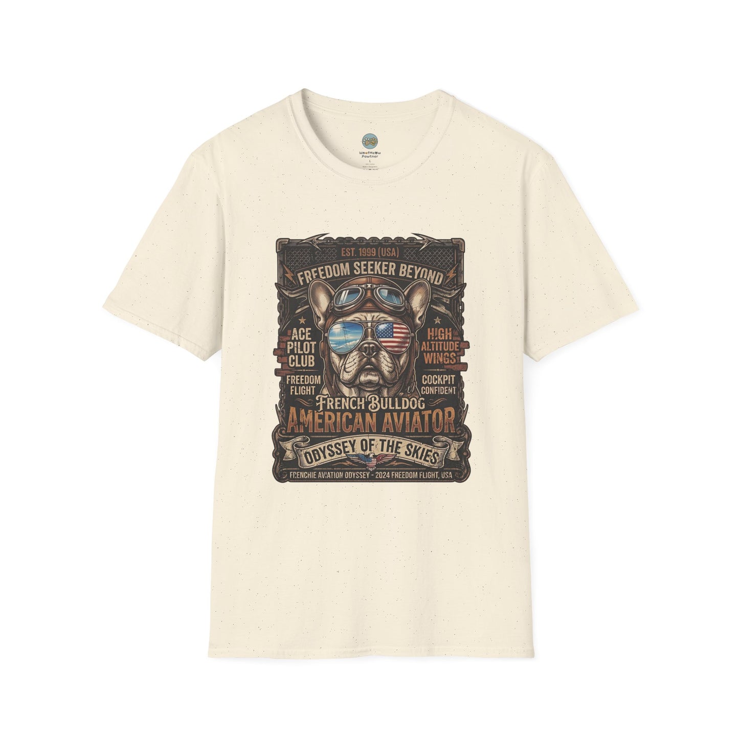 Vintage Aviator Frenchie T-Shirt | Freedom French Bulldog Pilot with Goggles | Gildan Softstyle 64000 Premium Tee