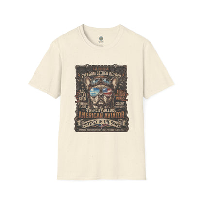 Vintage Aviator Frenchie T-Shirt | Freedom French Bulldog Pilot with Goggles | Gildan Softstyle 64000 Premium Tee