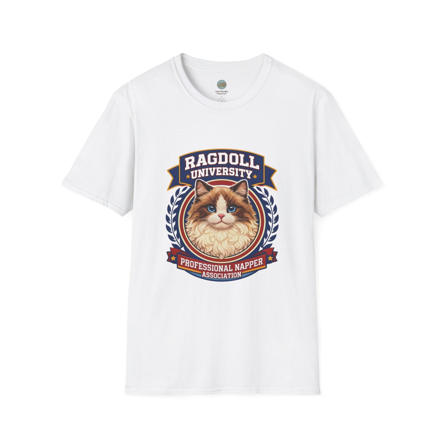 Ragdoll University T-Shirt | Vintage College Crest Style | Gildan Softstyle 64000 Premium Tee for Cat Moms and Dads