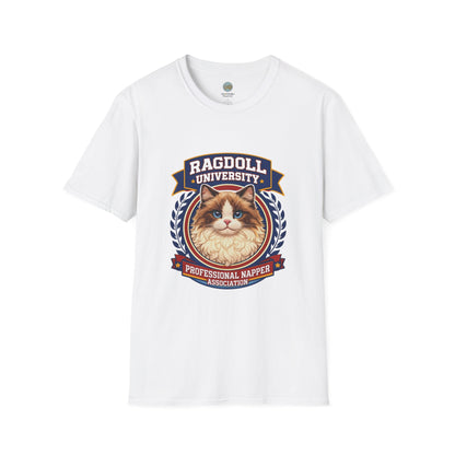 Ragdoll University T-Shirt | Vintage College Crest Style | Gildan Softstyle 64000 Premium Tee for Cat Moms and Dads