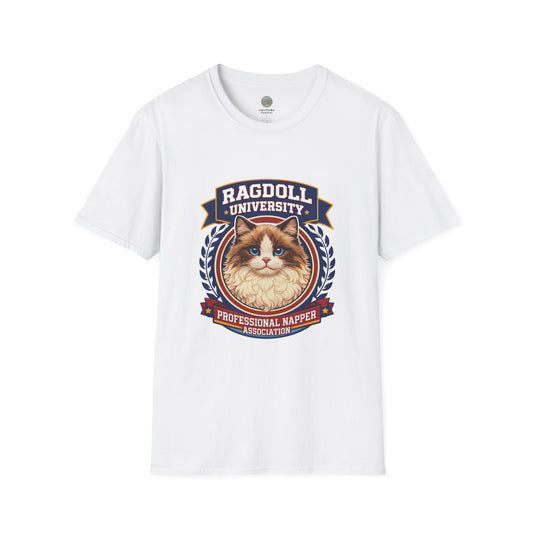 Ragdoll University T-Shirt | Vintage College Crest Style | Gildan Softstyle 64000 Premium Tee for Cat Moms and Dads
