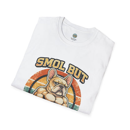 French Bulldog Gym T-Shirt | Smol But Strong - Frenchie Lifting Weights Retro Gym Vibe Design | Gildan Softstyle 64000 Premium Tee