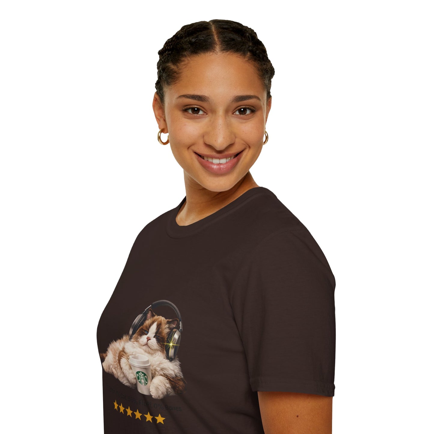 Cat Coffee Review T-Shirt — Relaxed Cat with Headphones & 5-Star Latte Tee | Gildan Softstyle 64000 Premium Tee