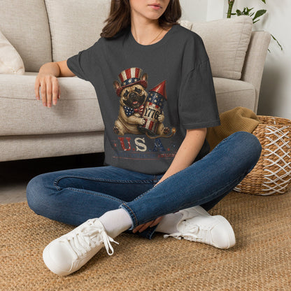 USA United States of Awesome 4th of July T-Shirt | Frenchie with 1776 Firework | Gildan Softstyle 64000