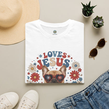 Loves Jesus America and Frenchie Too T-Shirt | French Bulldog Dog Mom Design | Gildan Softstyle 64000