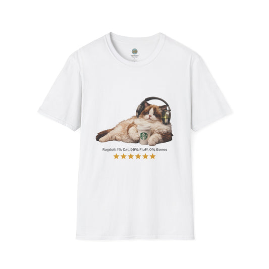 Cat Coffee Review T-Shirt — Relaxed Cat with Headphones & 5-Star Latte Tee | Gildan Softstyle 64000 Premium Tee