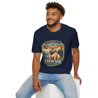 French Bulldog National Park T-Shirt | Vintage Badge Design with Mountains and Sunset for Dog Lovers | Gildan Softstyle 64000 Premium Tee