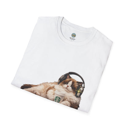 Cat Coffee Review T-Shirt — Relaxed Cat with Headphones & 5-Star Latte Tee | Gildan Softstyle 64000 Premium Tee