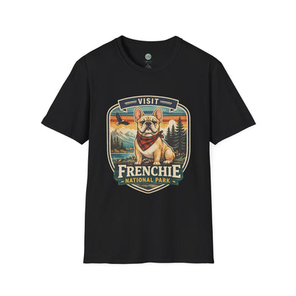 French Bulldog National Park T-Shirt | Vintage Badge Design with Mountains and Sunset for Dog Lovers | Gildan Softstyle 64000 Premium Tee
