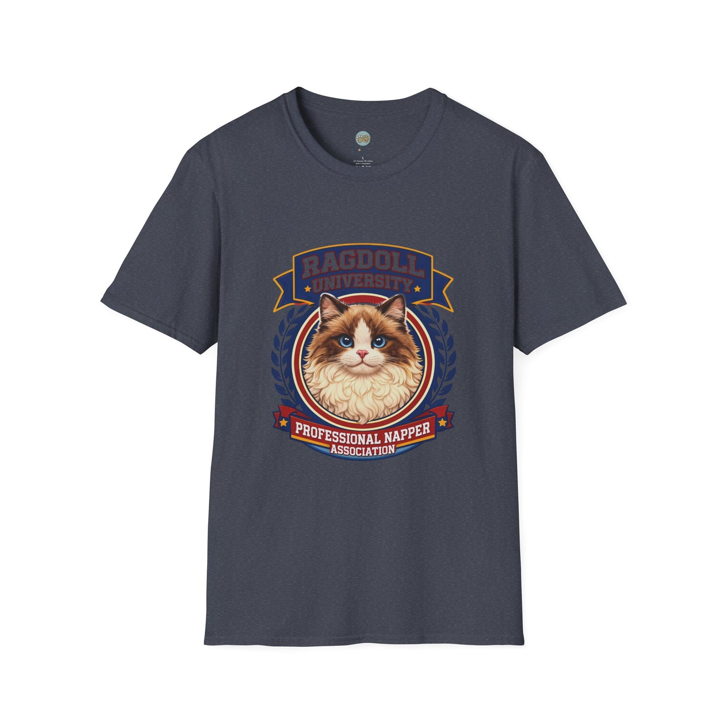 Ragdoll University T-Shirt | Vintage College Crest Style | Gildan Softstyle 64000 Premium Tee for Cat Moms and Dads