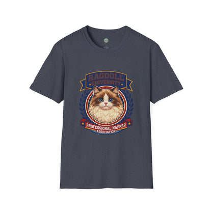 Ragdoll University T-Shirt | Vintage College Crest Style | Gildan Softstyle 64000 Premium Tee for Cat Moms and Dads
