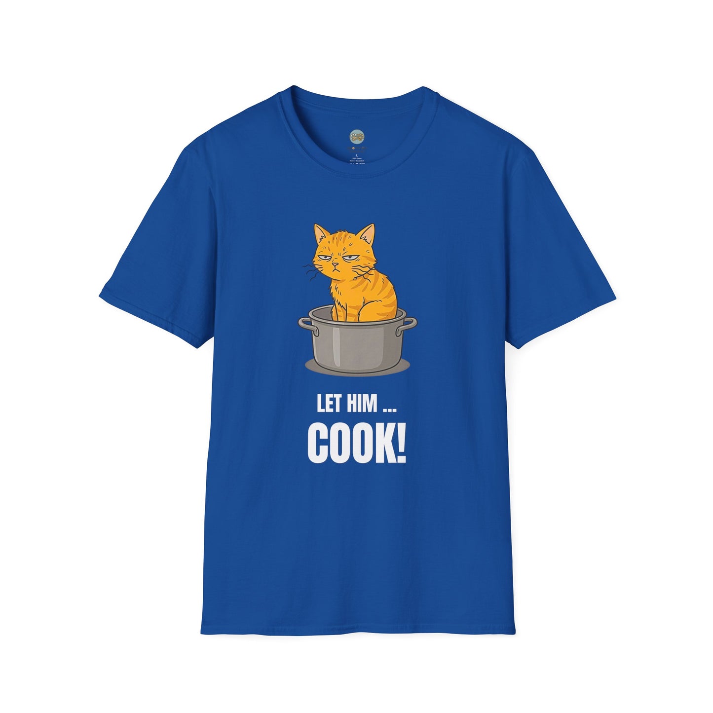 Let Him Cook Orange Cat T-Shirt | Funny Cat Sitting in Pot Meme Tee | Gildan Softstyle 64000
