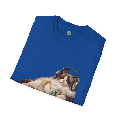 Cat Coffee Review T-Shirt — Relaxed Cat with Headphones & 5-Star Latte Tee | Gildan Softstyle 64000 Premium Tee