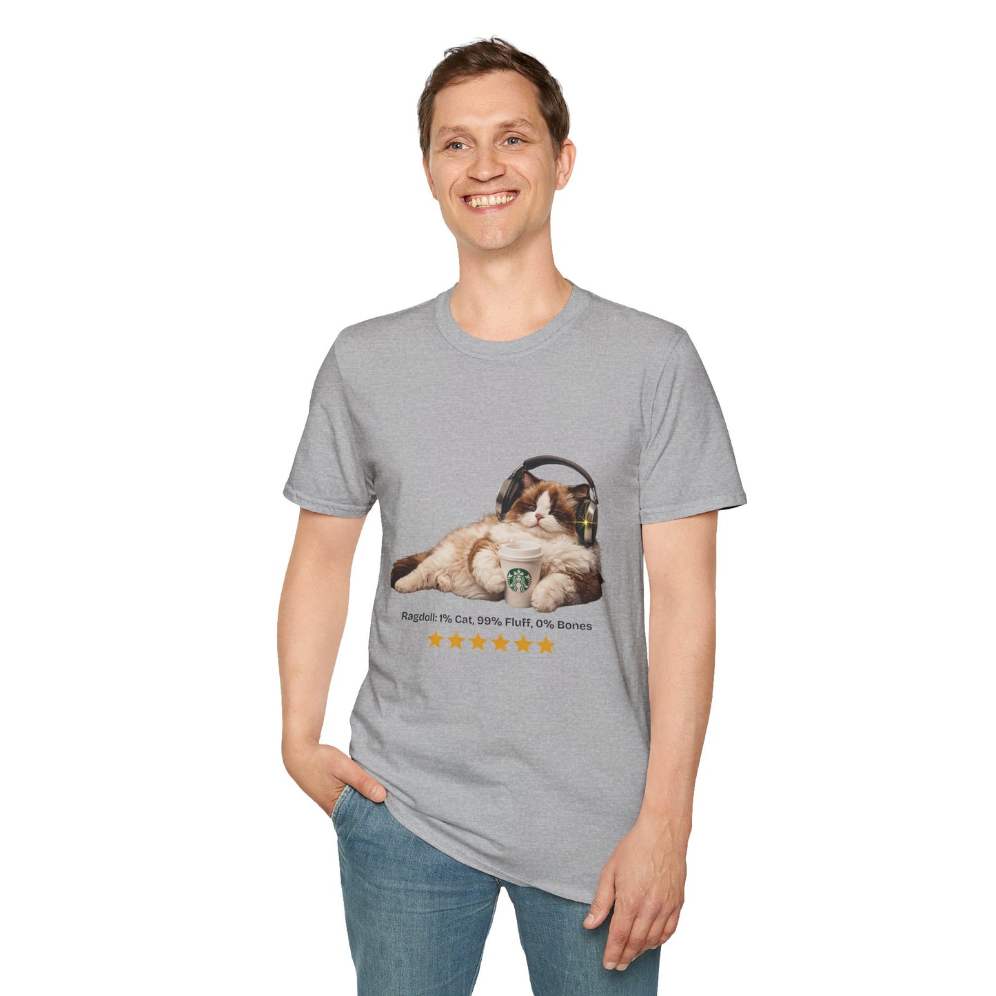Cat Coffee Review T-Shirt — Relaxed Cat with Headphones & 5-Star Latte Tee | Gildan Softstyle 64000 Premium Tee
