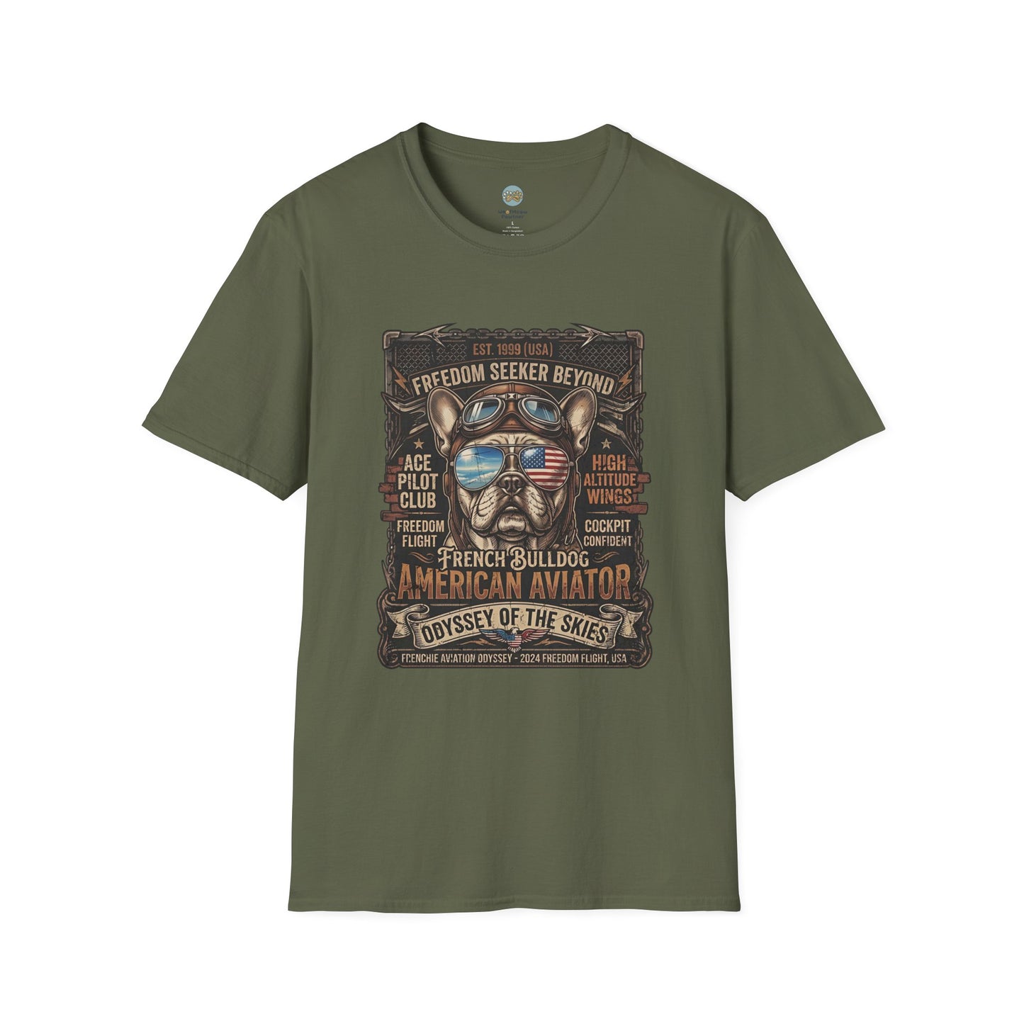 Vintage Aviator Frenchie T-Shirt | Freedom French Bulldog Pilot with Goggles | Gildan Softstyle 64000 Premium Tee