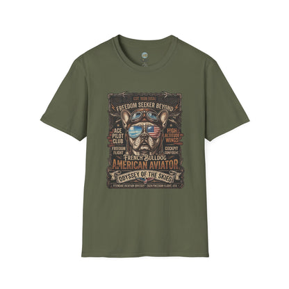 Vintage Aviator Frenchie T-Shirt | Freedom French Bulldog Pilot with Goggles | Gildan Softstyle 64000 Premium Tee