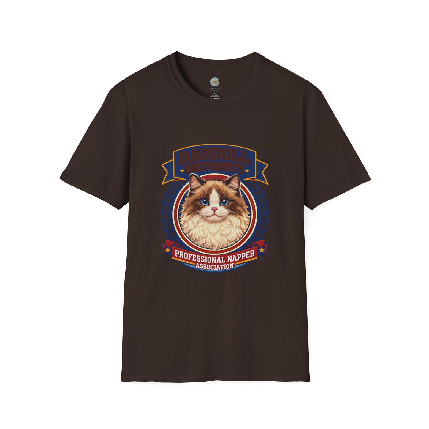 Ragdoll University T-Shirt | Vintage College Crest Style | Gildan Softstyle 64000 Premium Tee for Cat Moms and Dads