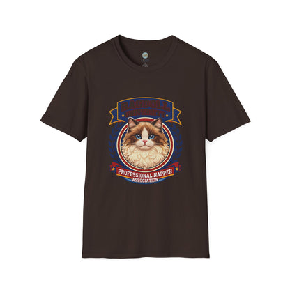 Ragdoll University T-Shirt | Vintage College Crest Style | Gildan Softstyle 64000 Premium Tee for Cat Moms and Dads