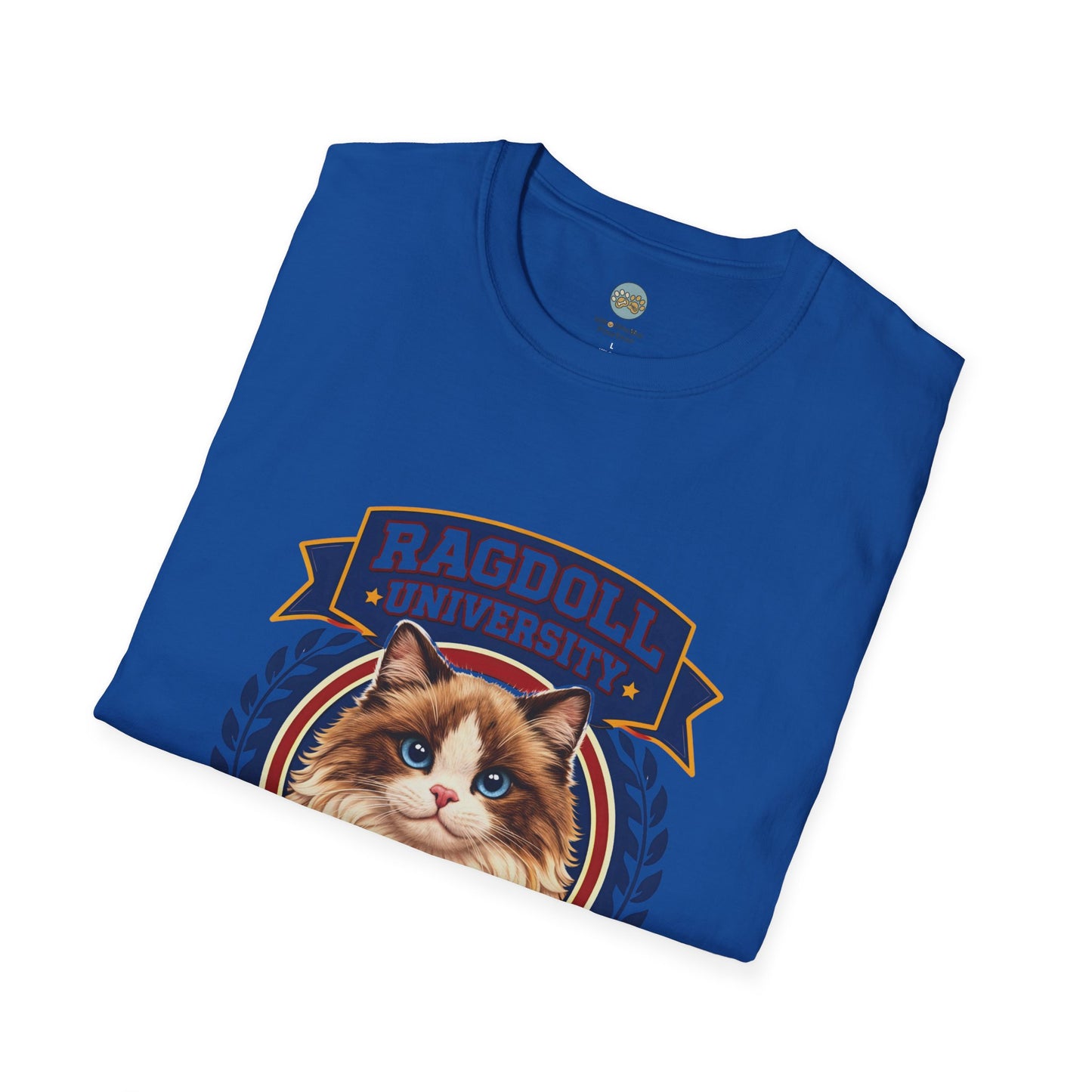 Ragdoll University T-Shirt | Vintage College Crest Style | Gildan Softstyle 64000 Premium Tee for Cat Moms and Dads