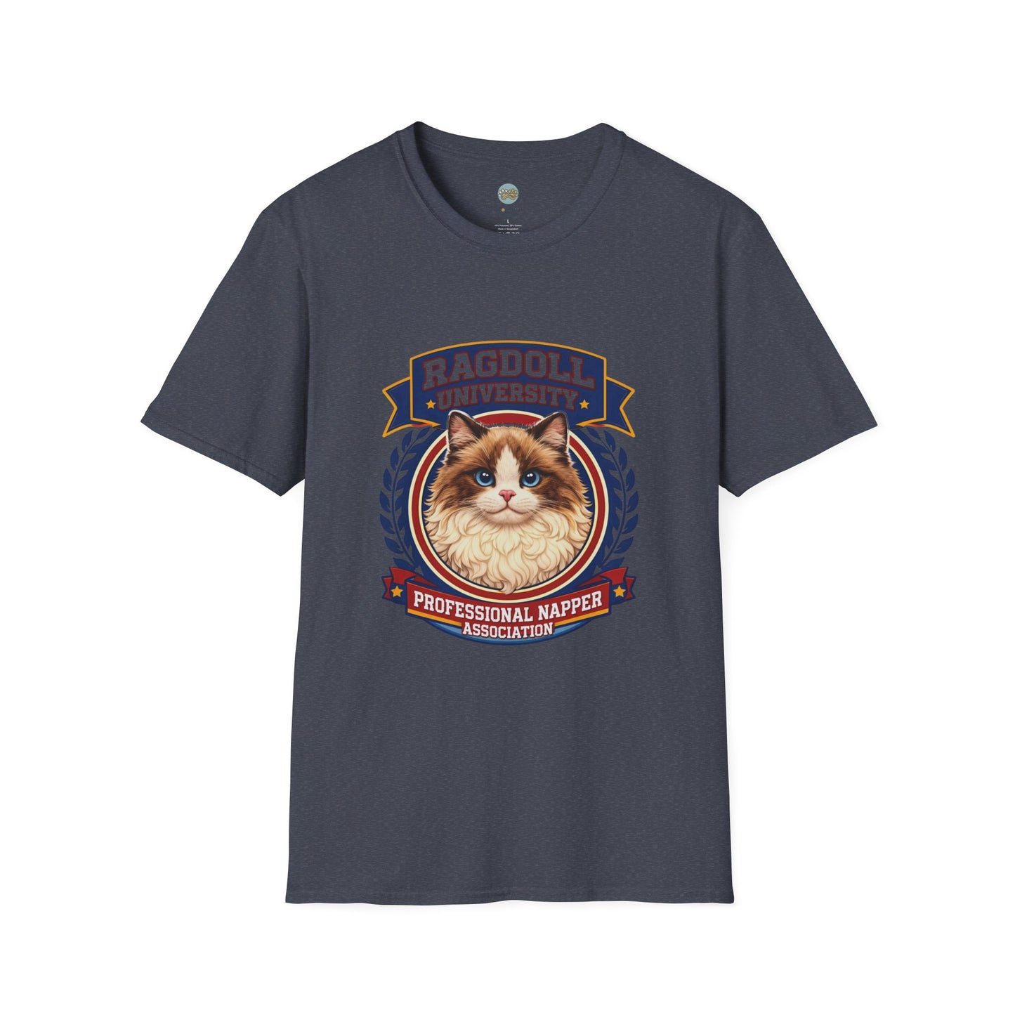 Ragdoll University T-Shirt | Vintage College Crest Style | Gildan Softstyle 64000 Premium Tee for Cat Moms and Dads