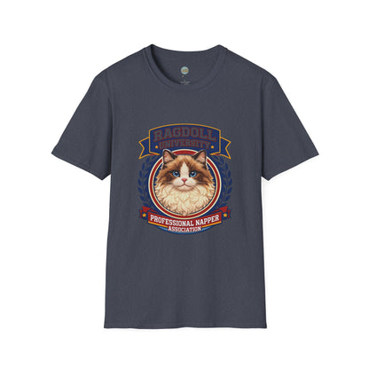 Ragdoll University T-Shirt | Vintage College Crest Style | Gildan Softstyle 64000 Premium Tee for Cat Moms and Dads