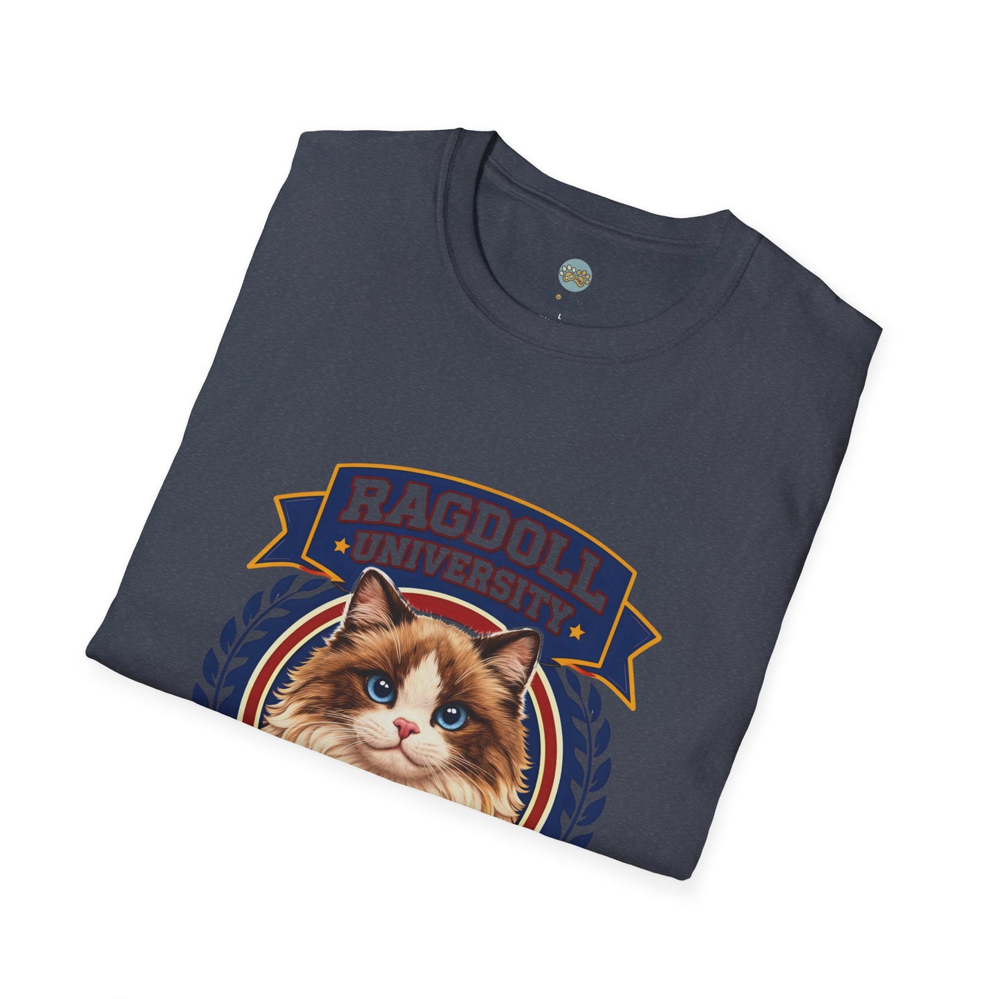 Ragdoll University T-Shirt | Vintage College Crest Style | Gildan Softstyle 64000 Premium Tee for Cat Moms and Dads