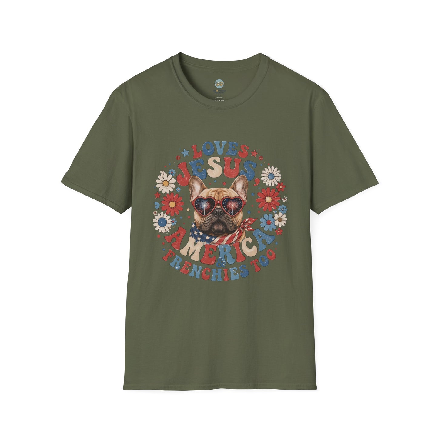 Loves Jesus America and Frenchie Too T-Shirt | French Bulldog Dog Mom Design | Gildan Softstyle 64000