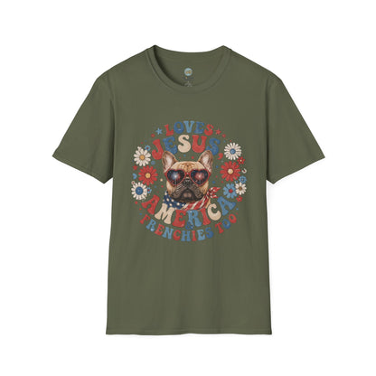 Loves Jesus America and Frenchie Too T-Shirt | French Bulldog Dog Mom Design | Gildan Softstyle 64000
