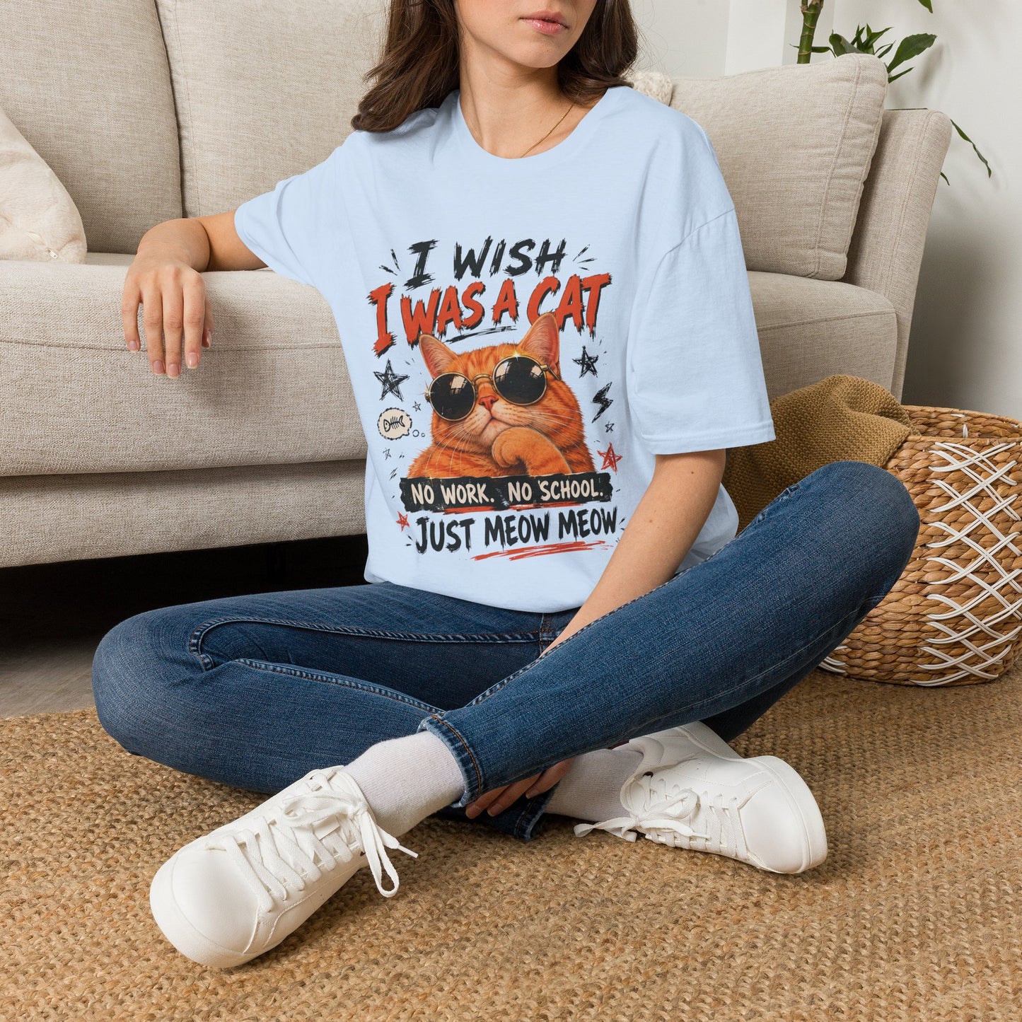I Wish I Was A Cat T-Shirt | No Work No School Just Meow Meow | Gildan Softstyle 64000