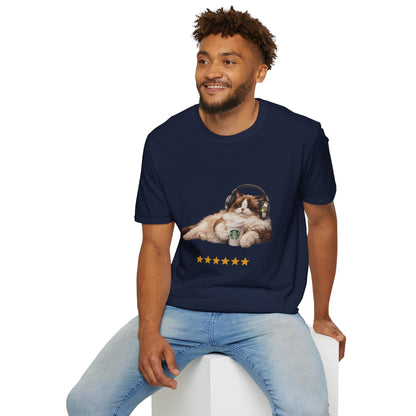 Cat Coffee Review T-Shirt — Relaxed Cat with Headphones & 5-Star Latte Tee | Gildan Softstyle 64000 Premium Tee
