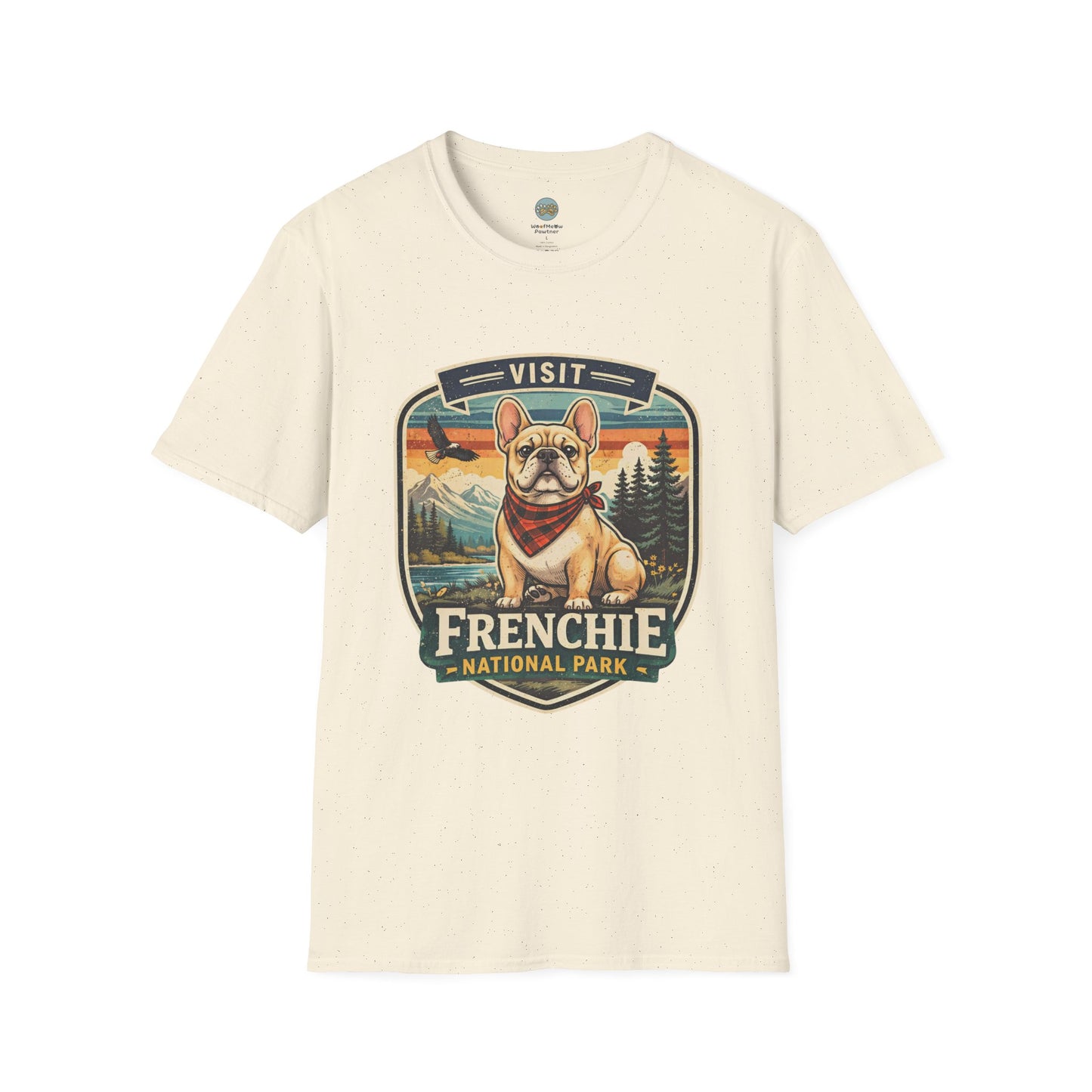French Bulldog National Park T-Shirt | Vintage Badge Design with Mountains and Sunset for Dog Lovers | Gildan Softstyle 64000 Premium Tee