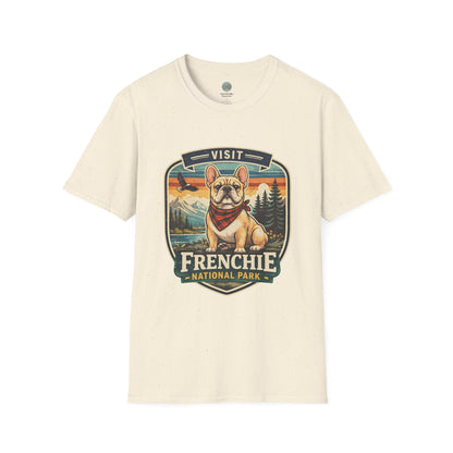 French Bulldog National Park T-Shirt | Vintage Badge Design with Mountains and Sunset for Dog Lovers | Gildan Softstyle 64000 Premium Tee