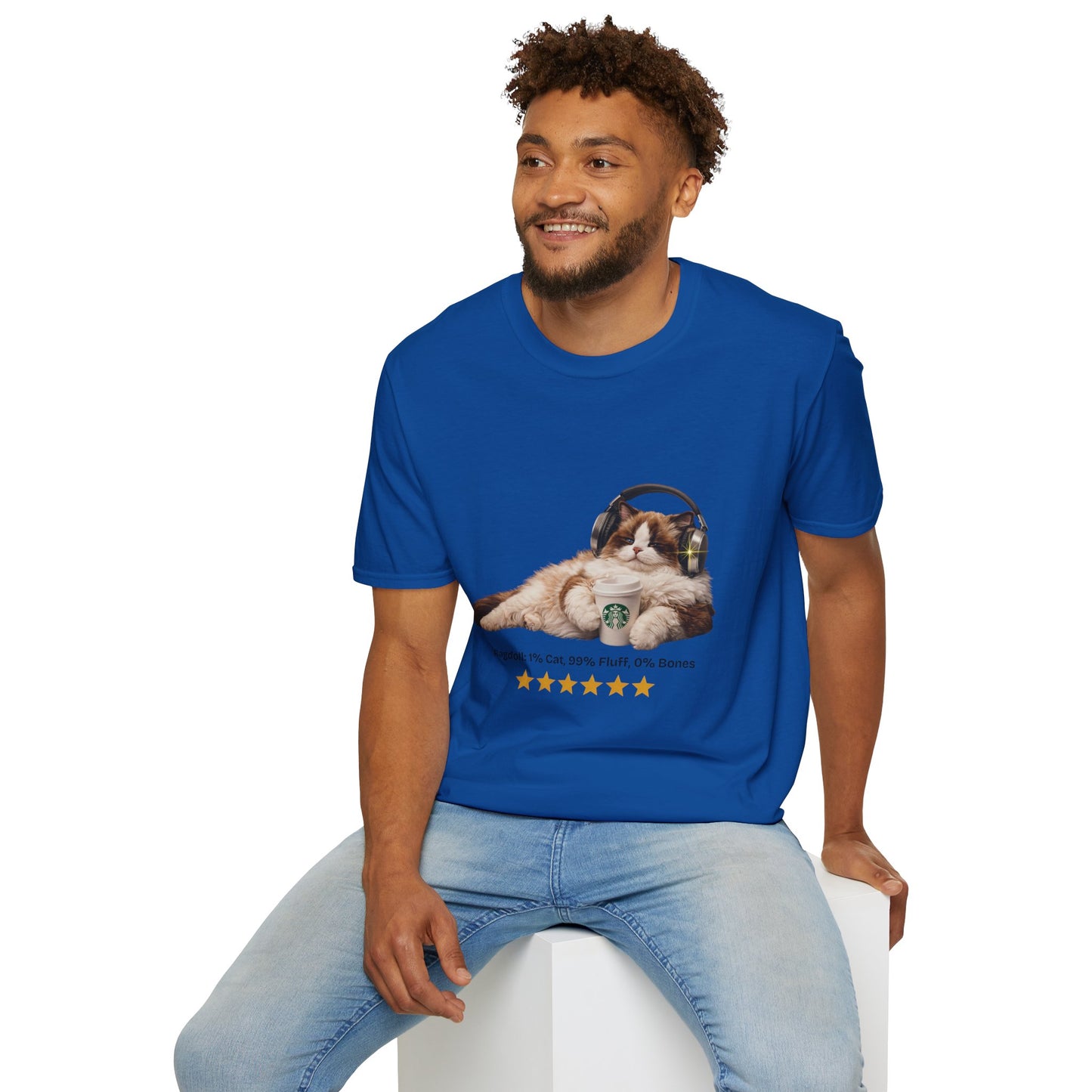 Cat Coffee Review T-Shirt — Relaxed Cat with Headphones & 5-Star Latte Tee | Gildan Softstyle 64000 Premium Tee