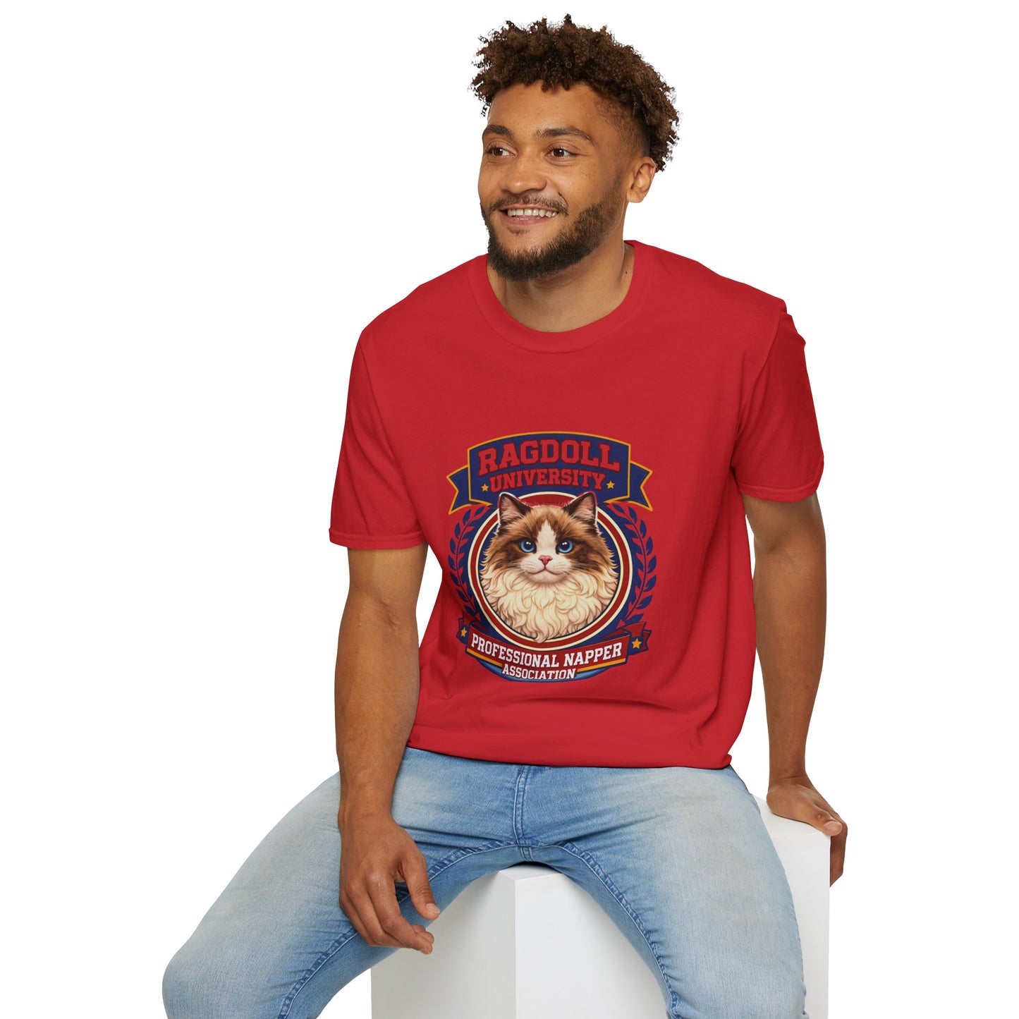 Ragdoll University T-Shirt | Vintage College Crest Style | Gildan Softstyle 64000 Premium Tee for Cat Moms and Dads