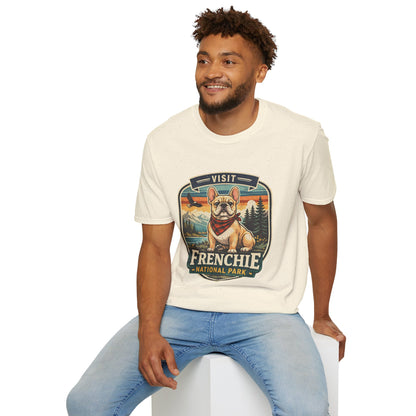 French Bulldog National Park T-Shirt | Vintage Badge Design with Mountains and Sunset for Dog Lovers | Gildan Softstyle 64000 Premium Tee