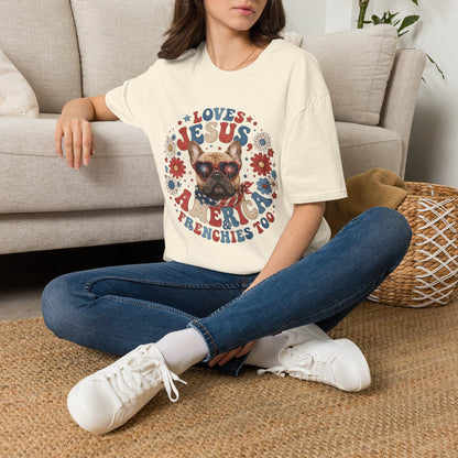 Loves Jesus America and Frenchie Too T-Shirt | French Bulldog Dog Mom Design | Gildan Softstyle 64000