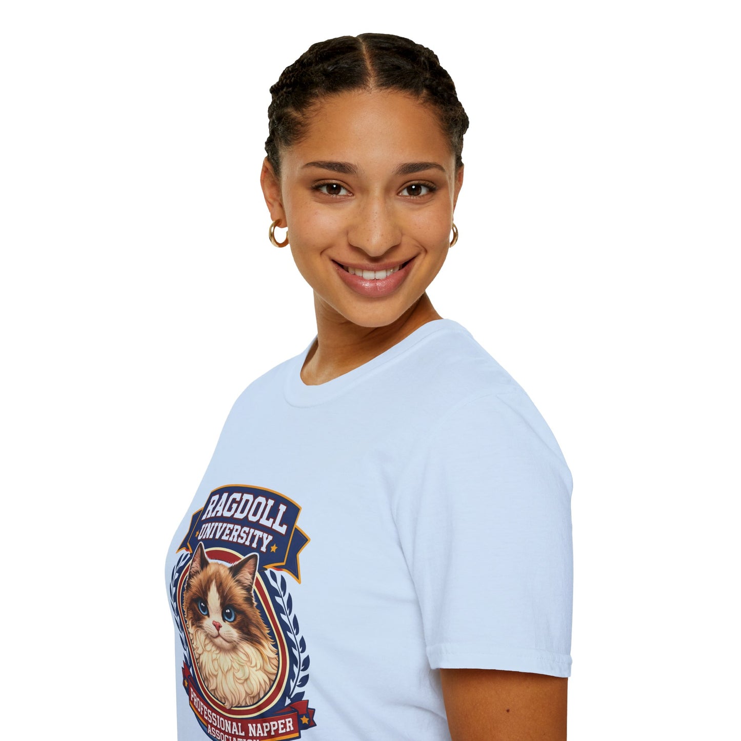 Ragdoll University T-Shirt | Vintage College Crest Style | Gildan Softstyle 64000 Premium Tee for Cat Moms and Dads