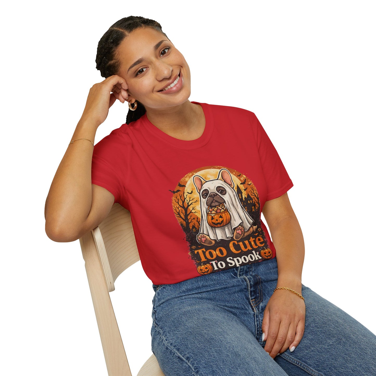 French Bulldog - Too Cute To Spook Halloween T-Shirt | Frenchie in Ghost Costume | Gildan Softstyle 64000 Premium Tee