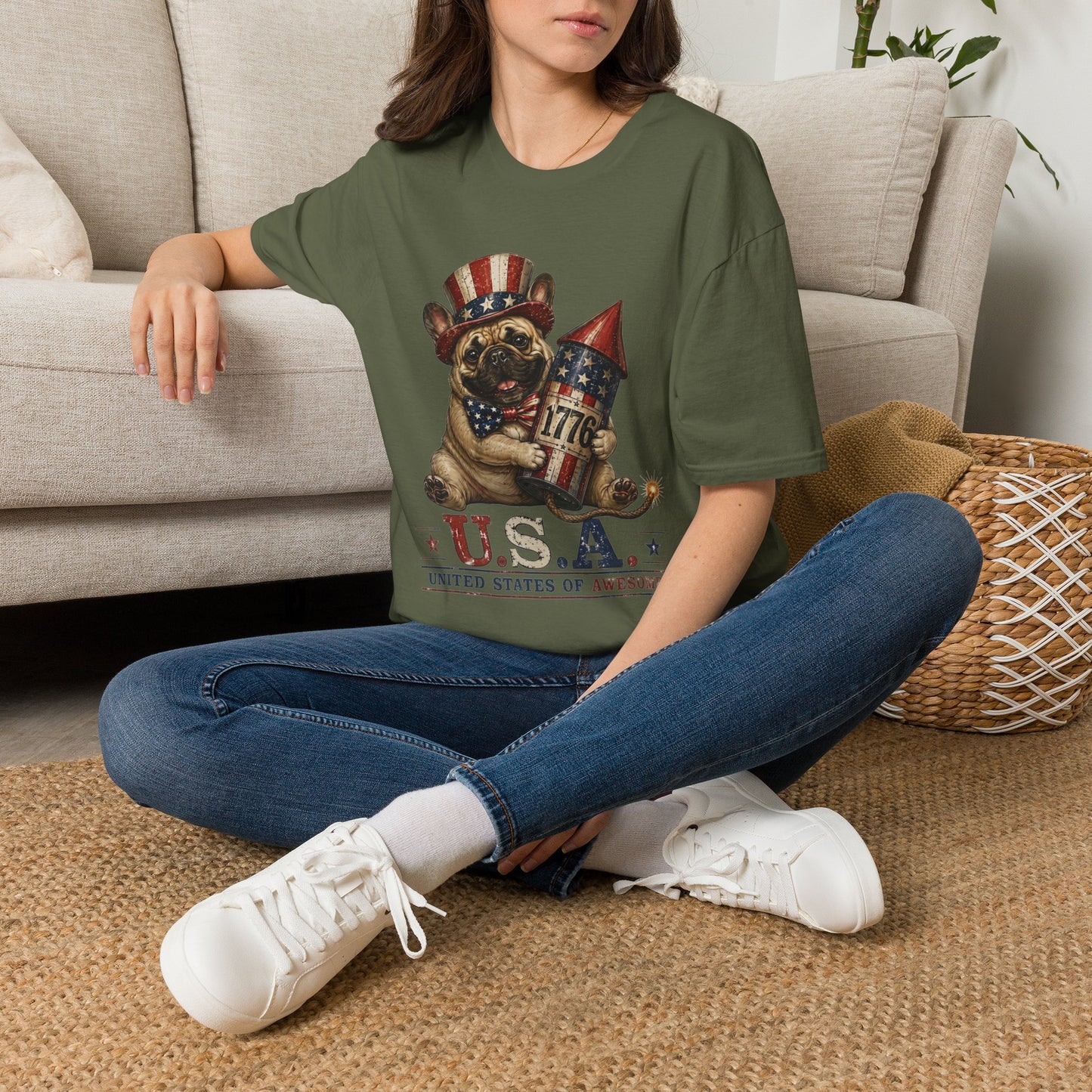 USA United States of Awesome 4th of July T-Shirt | Frenchie with 1776 Firework | Gildan Softstyle 64000