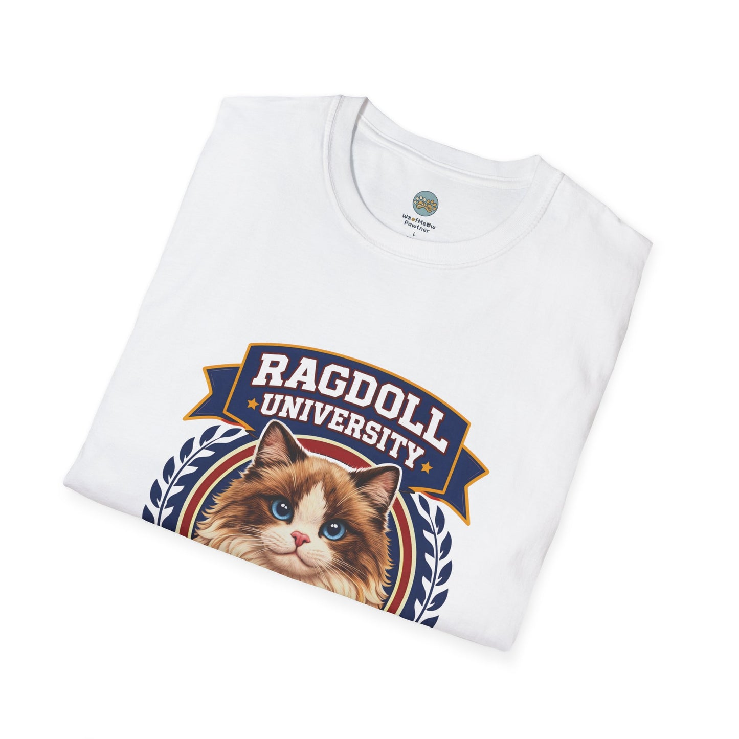 Ragdoll University T-Shirt | Vintage College Crest Style | Gildan Softstyle 64000 Premium Tee for Cat Moms and Dads