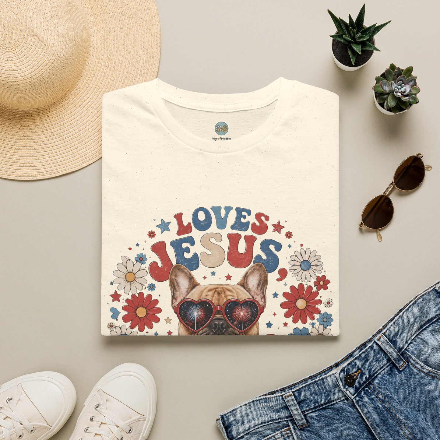 Loves Jesus America and Frenchie Too T-Shirt | French Bulldog Dog Mom Design | Gildan Softstyle 64000