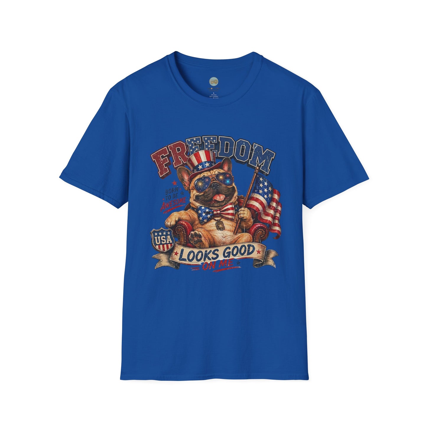 French Bulldog 4th of July Shirt | Freedom Looks Good On Me | Frenchie with American Flag for Dog Lovers | Gildan Softstyle 64000